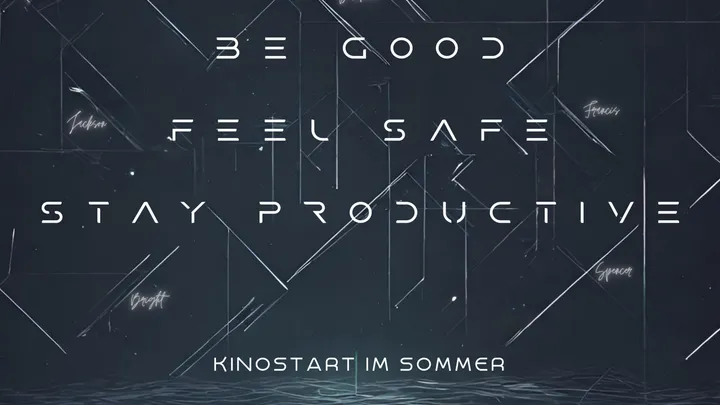 Filmplakat zu „4 Profiles“: der Titel in leuchtend grüner Neon-Schrift vor dunklem, futuristischem Hintergrund, darunter die Zeilen „Be Good, Feel Safe, Stay Productive“ sowie der Hinweis auf den Kinostart im Sommer als dystopischer Sci-Fi-Desktop-Film