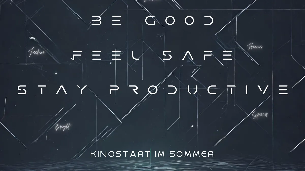 Filmplakat zu „4 Profiles“: der Titel in leuchtend grüner Neon-Schrift vor dunklem, futuristischem Hintergrund, darunter die Zeilen „Be Good, Feel Safe, Stay Productive“ sowie der Hinweis auf den Kinostart im Sommer als dystopischer Sci-Fi-Desktop-Film